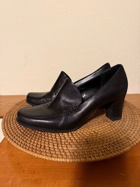Franco Sarto Black Leather Block Heel Loafer